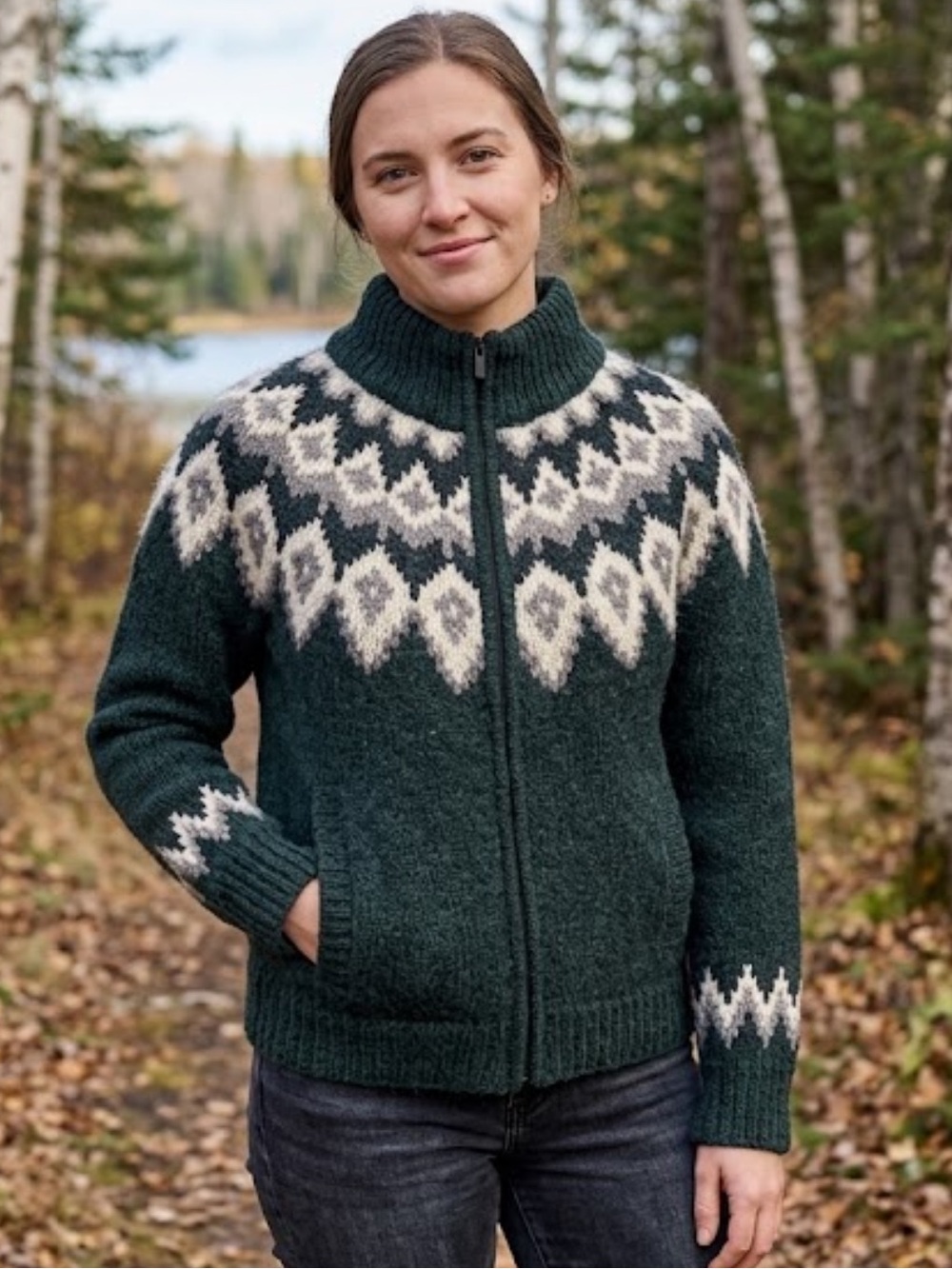 L.L.Bean Women’s XSP 100% Lambswool Fair Isle Full Zip Sweater Jacket Green